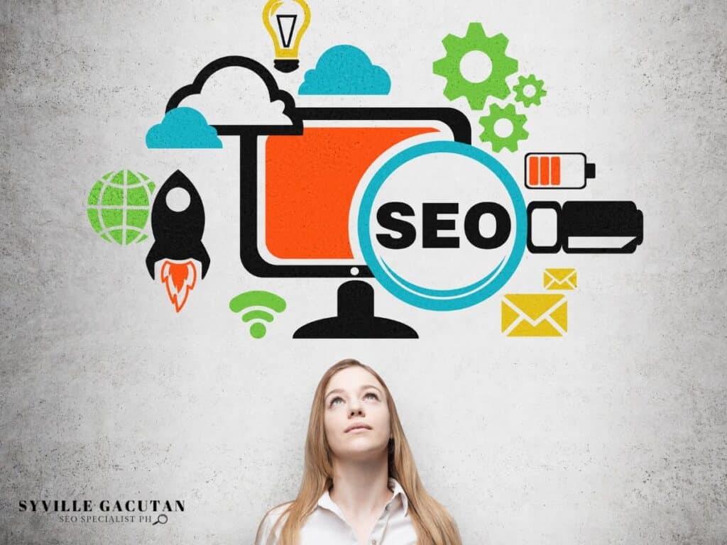 SEO concept illustration with icons, computer, cloud computing, and digital marketing symbols.