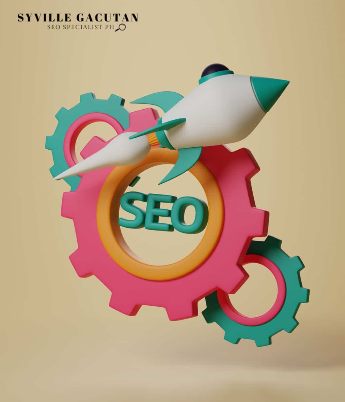 A rocket and colourful gears with "SEO" in the centre on a beige background.