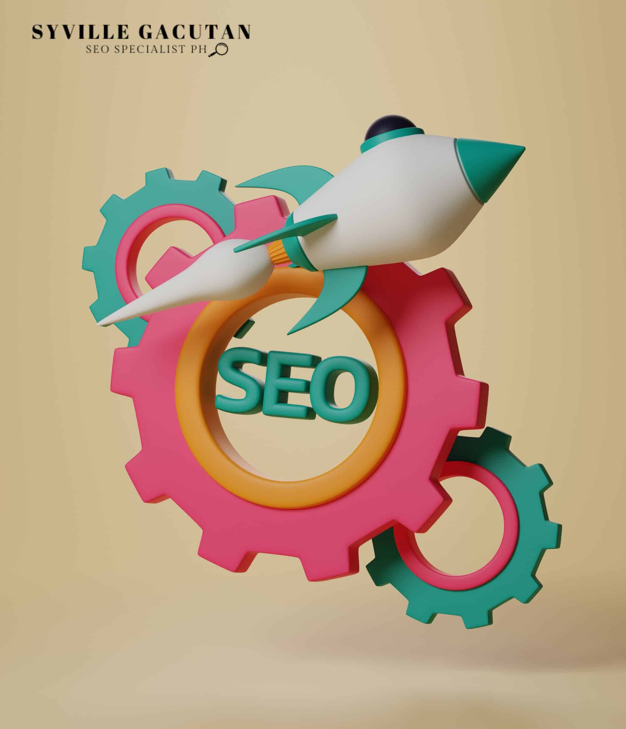 A rocket and colourful gears with "SEO" in the centre on a beige background.