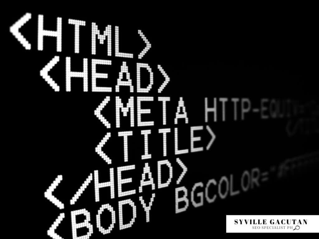 HTML code elements in white pixelated text on black screen showing meta tags structure.