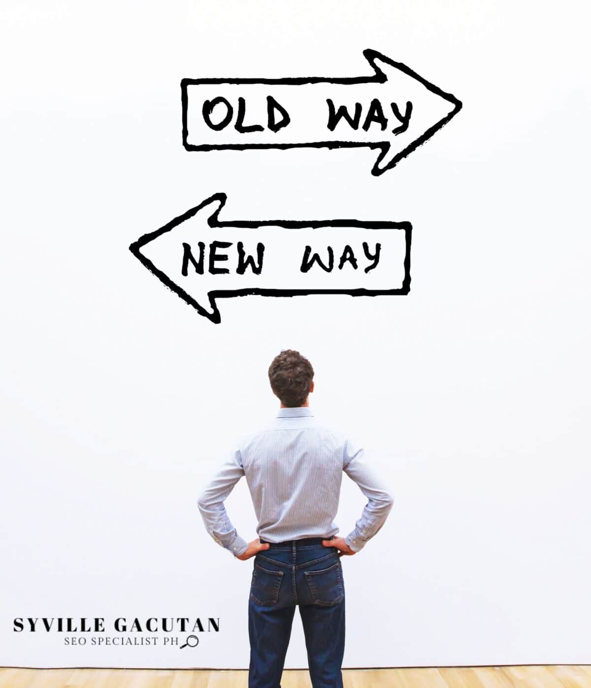 A person in business attire faces two directional arrows labeled "OLD WAY" and "NEW WAY"