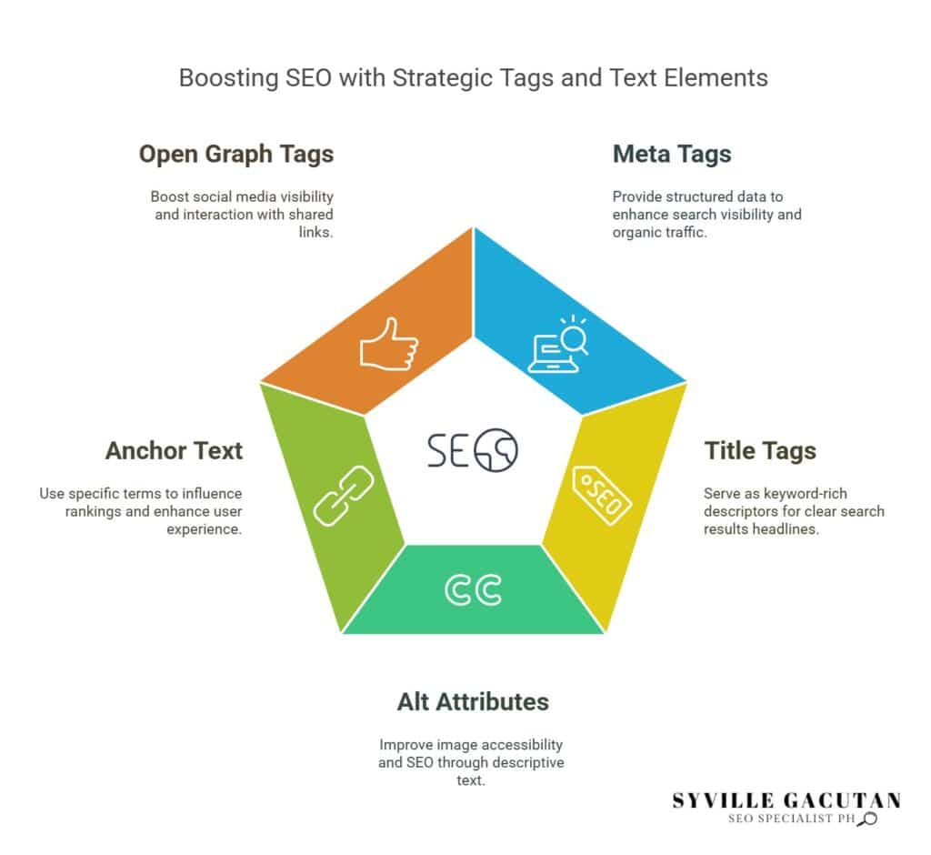 Boost SEO with tags: Meta, Open Graph, Title, Anchor Text, and Alt Attributes.