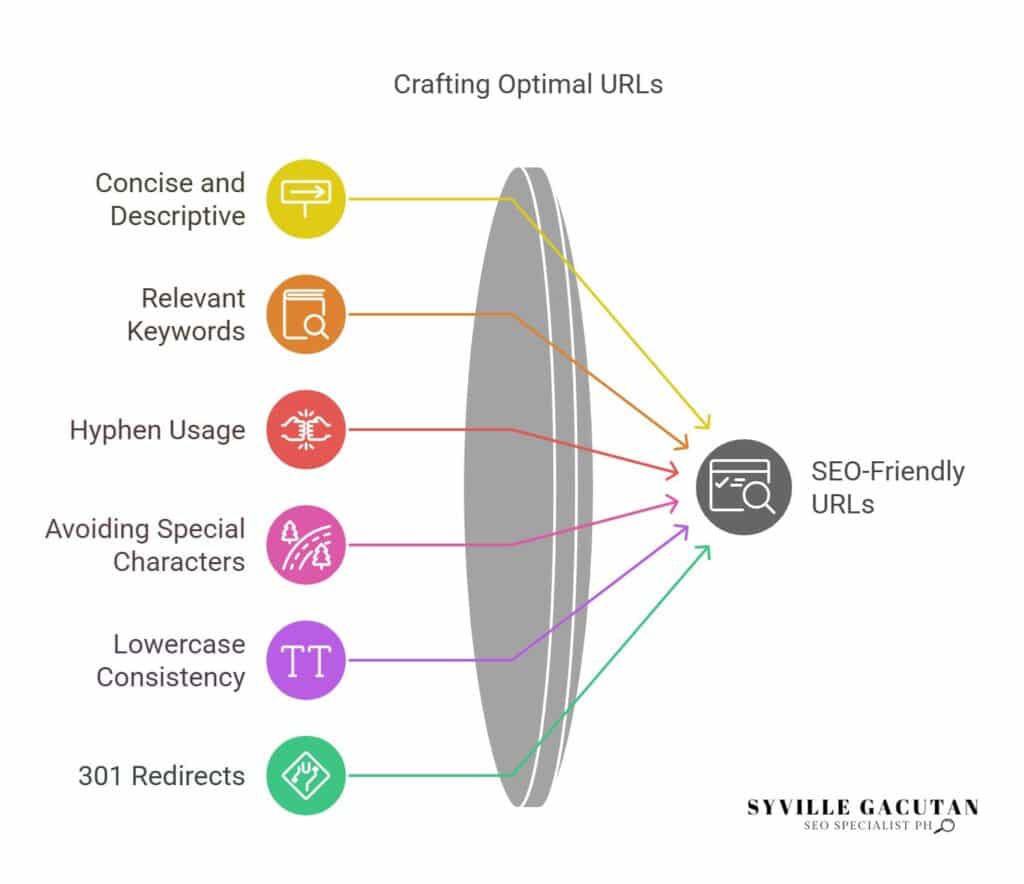 Create SEO-friendly URLs, concise, keywords, hyphens, no special characters, redirects.