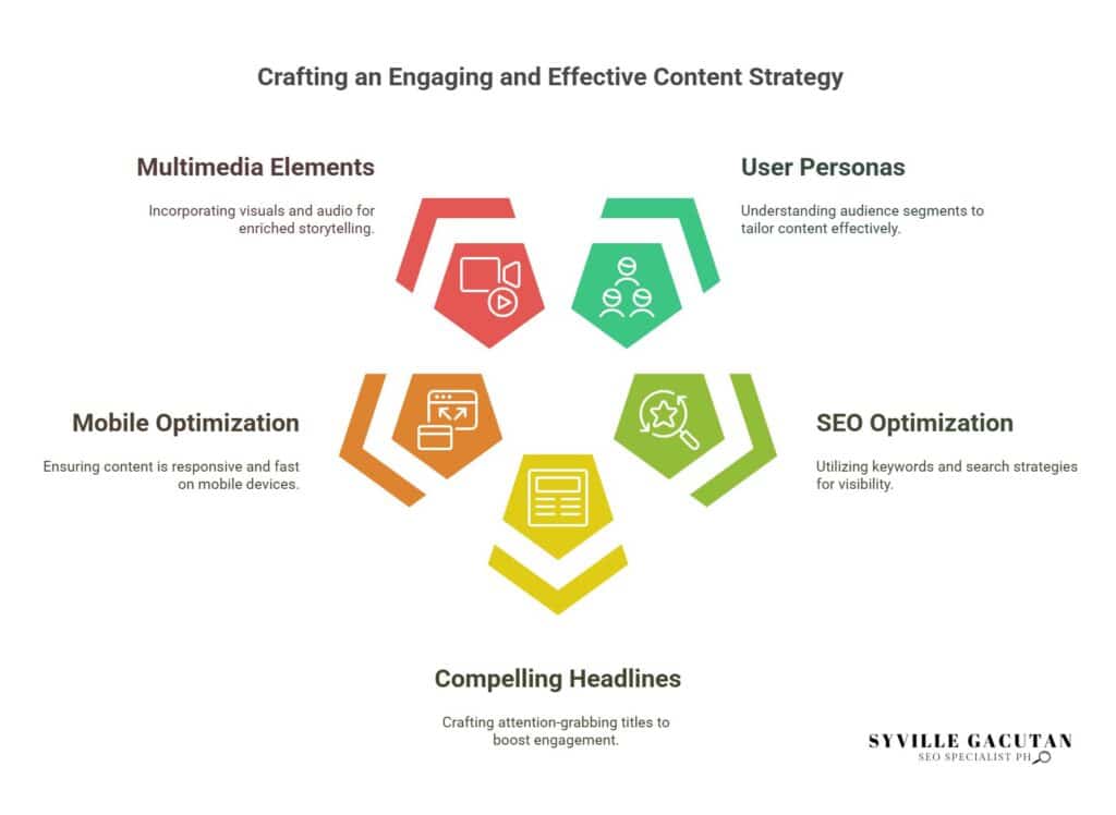 Use multimedia, personas, headlines, mobile and SEO optimization for content success.