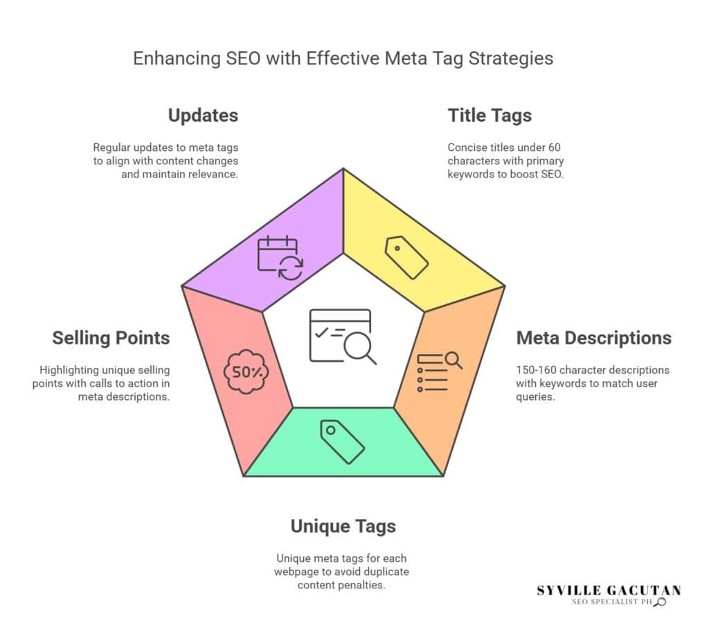 Effective meta tags: updates, title tags, unique tags, selling points, and descriptions.