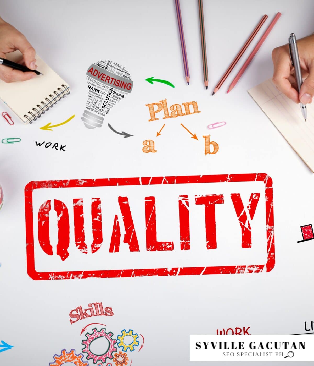 "QUALITY" in red stamped style, surrounded by planning and creativity doodles.