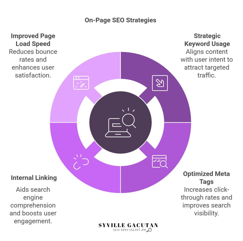 On-page SEO boosts traffic via keyword strategy, meta tags, links, and page speed.