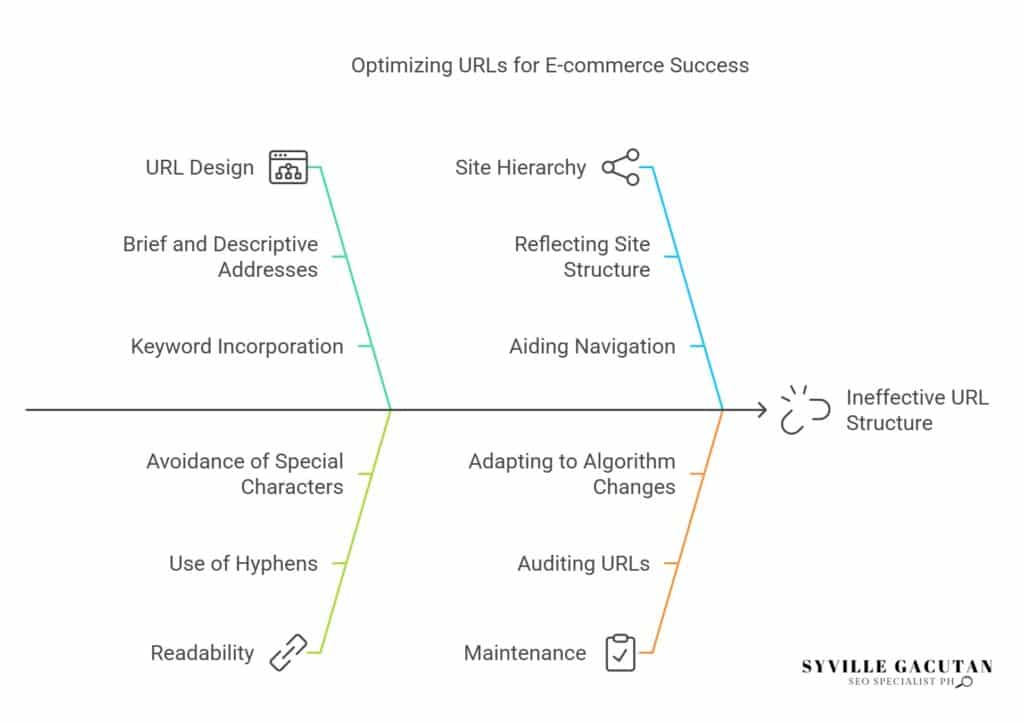 Optimize e-commerce URLs: design, hierarchy, readability, and maintenance focus.