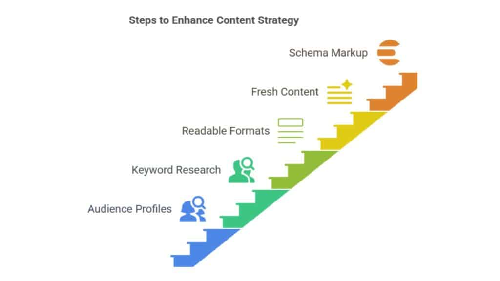 A stair representation about steps to enhance content strategy.