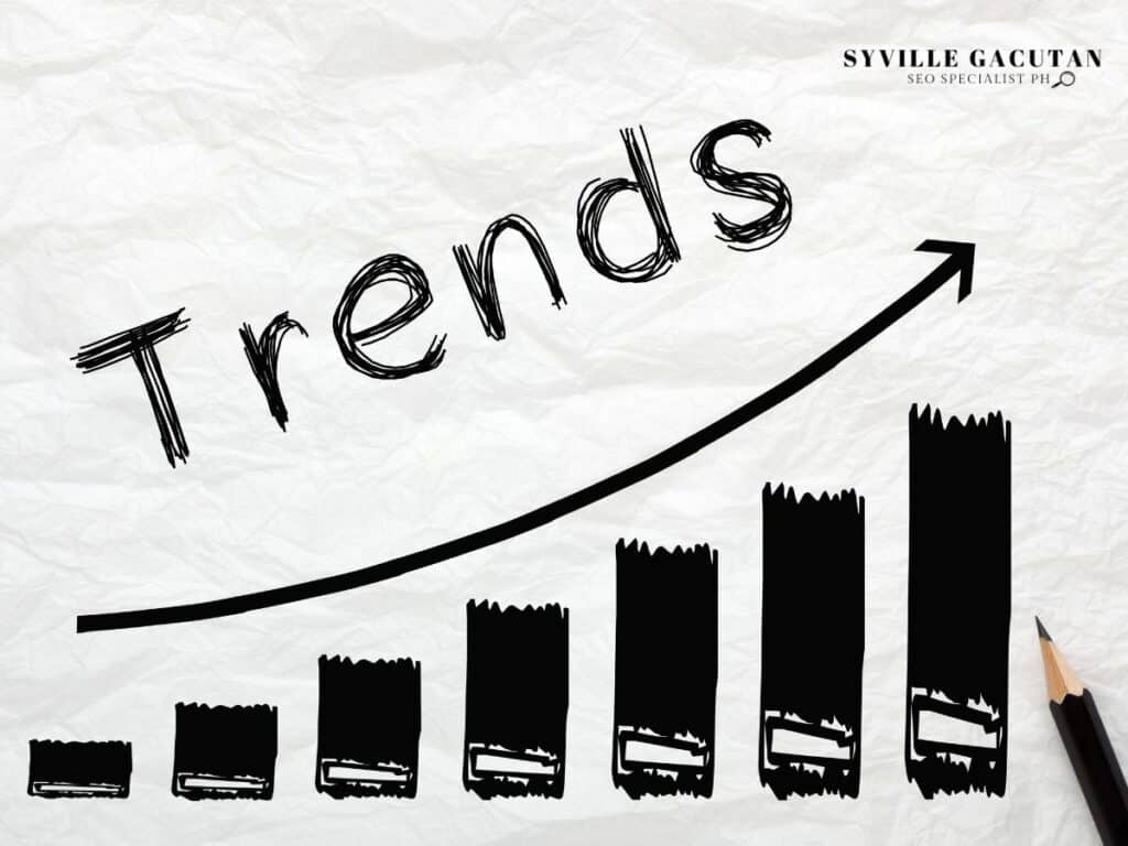 Black bar chart with upward arrow and ‘Trends’ written above.


