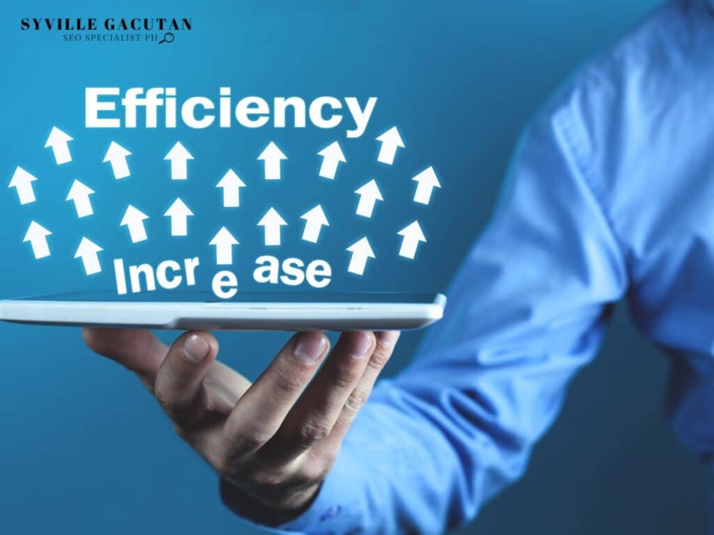 Hand holding tablet with arrows and words showing increased efficiency.

