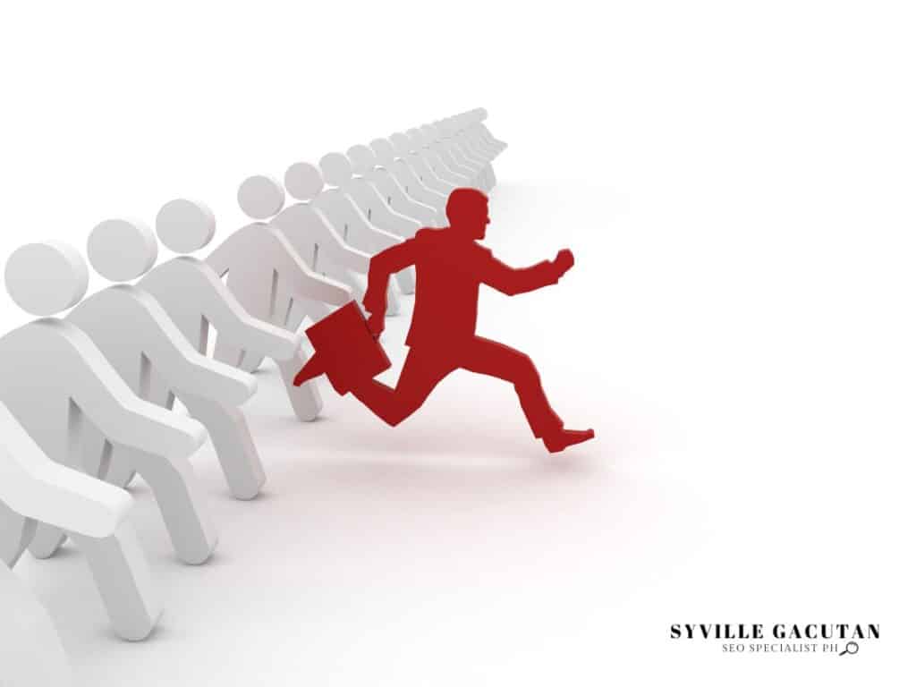 Red figure running ahead of white figures, symbolizing competitive edge.

