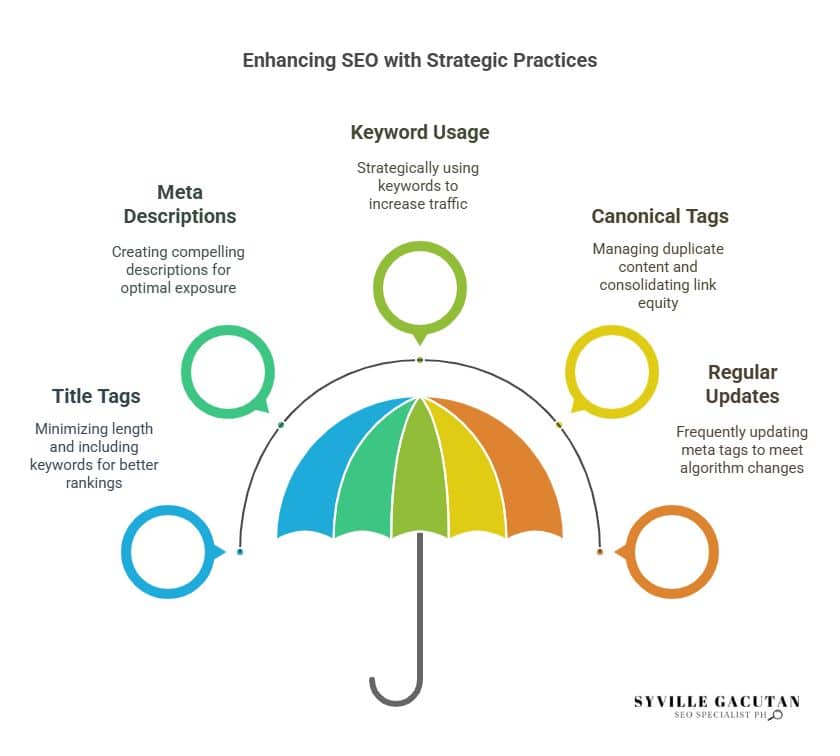 Umbrella graphic showing key meta tag strategies for better SEO
