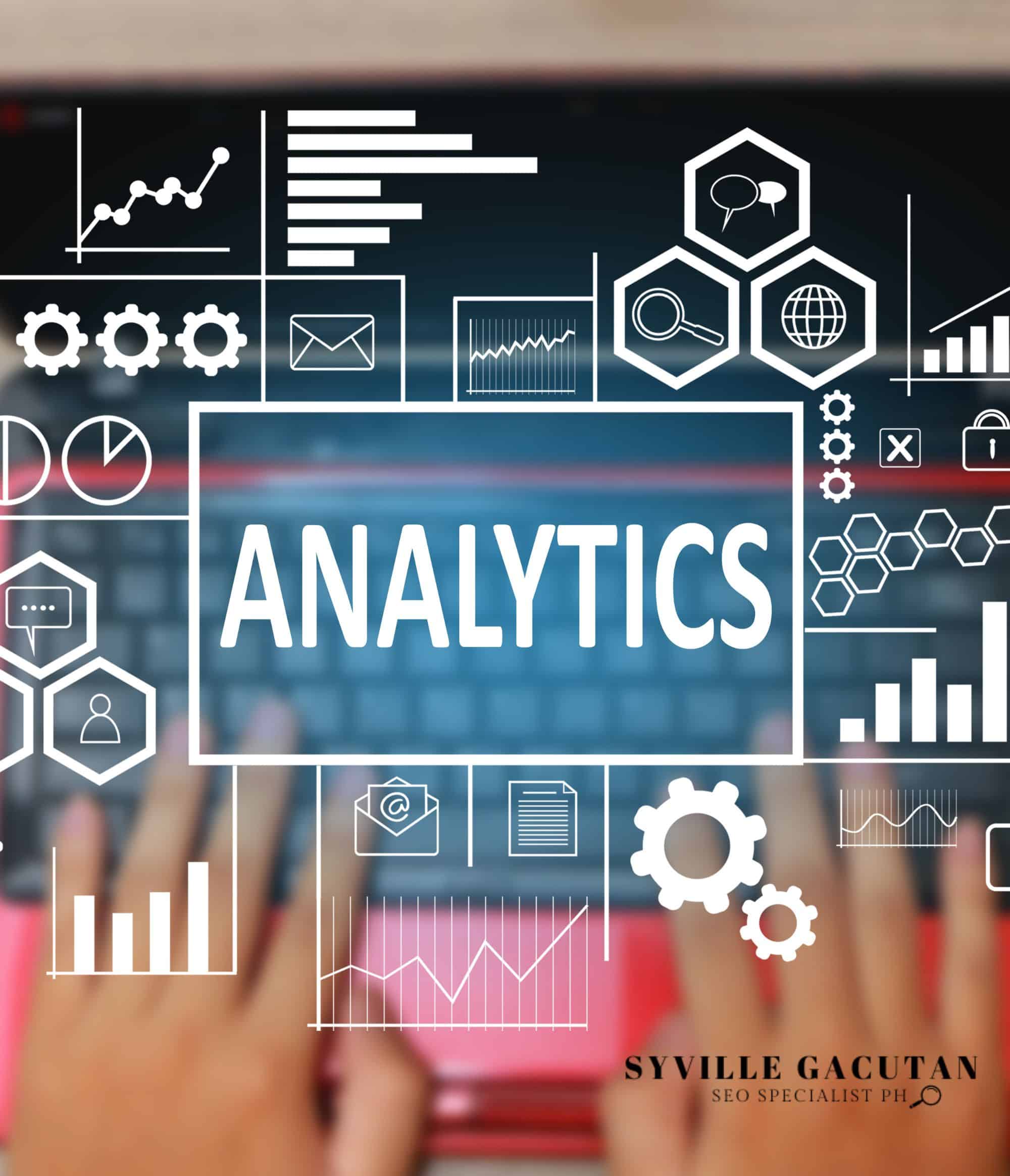 Hands typing with analytics icons and graphs overlayed.