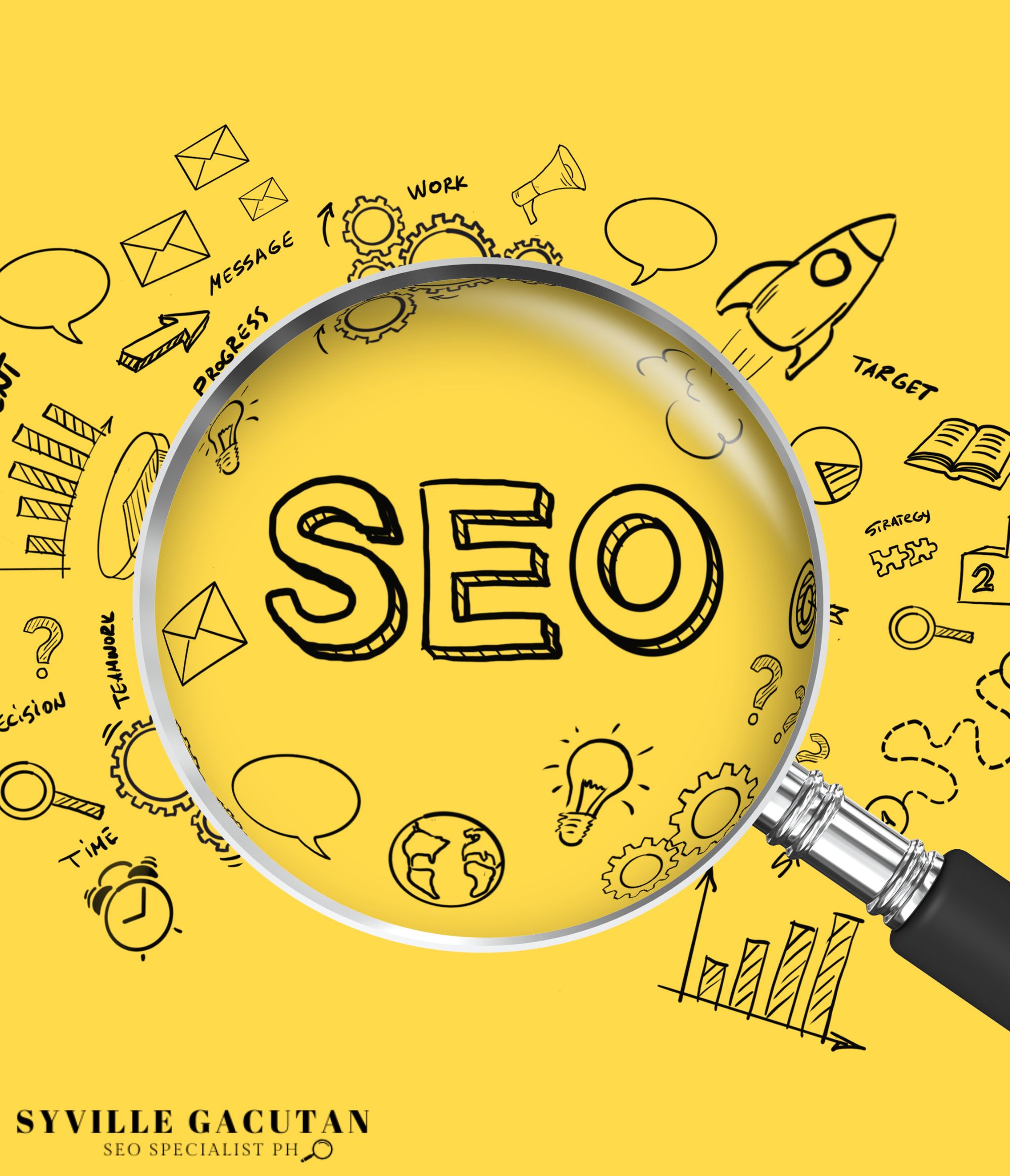 SEO concept with magnifying glass on yellow background, surrounded by doodles.