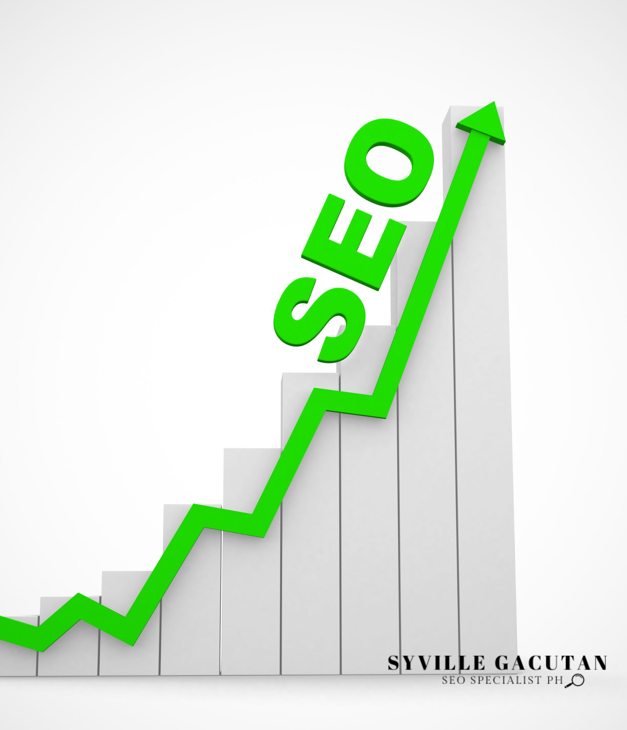 Green SEO text climbs a rising bar chart, symbolizing growth and success.