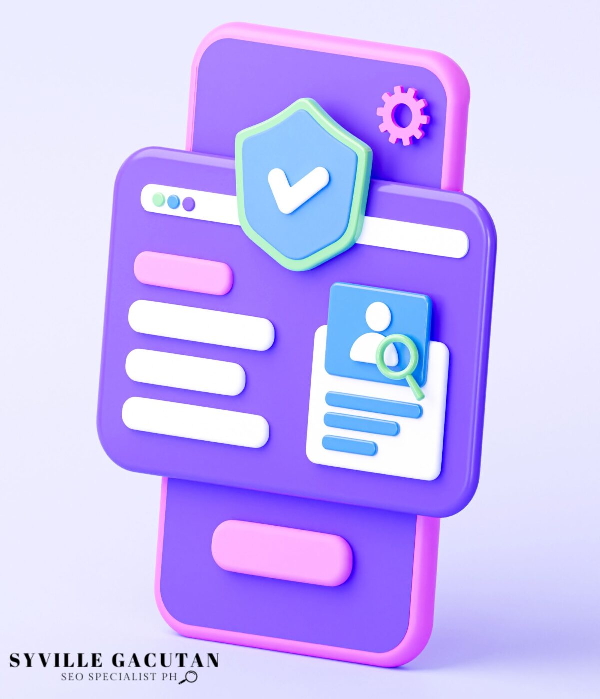 Colorful 3D mobile interface with a security shield icon.