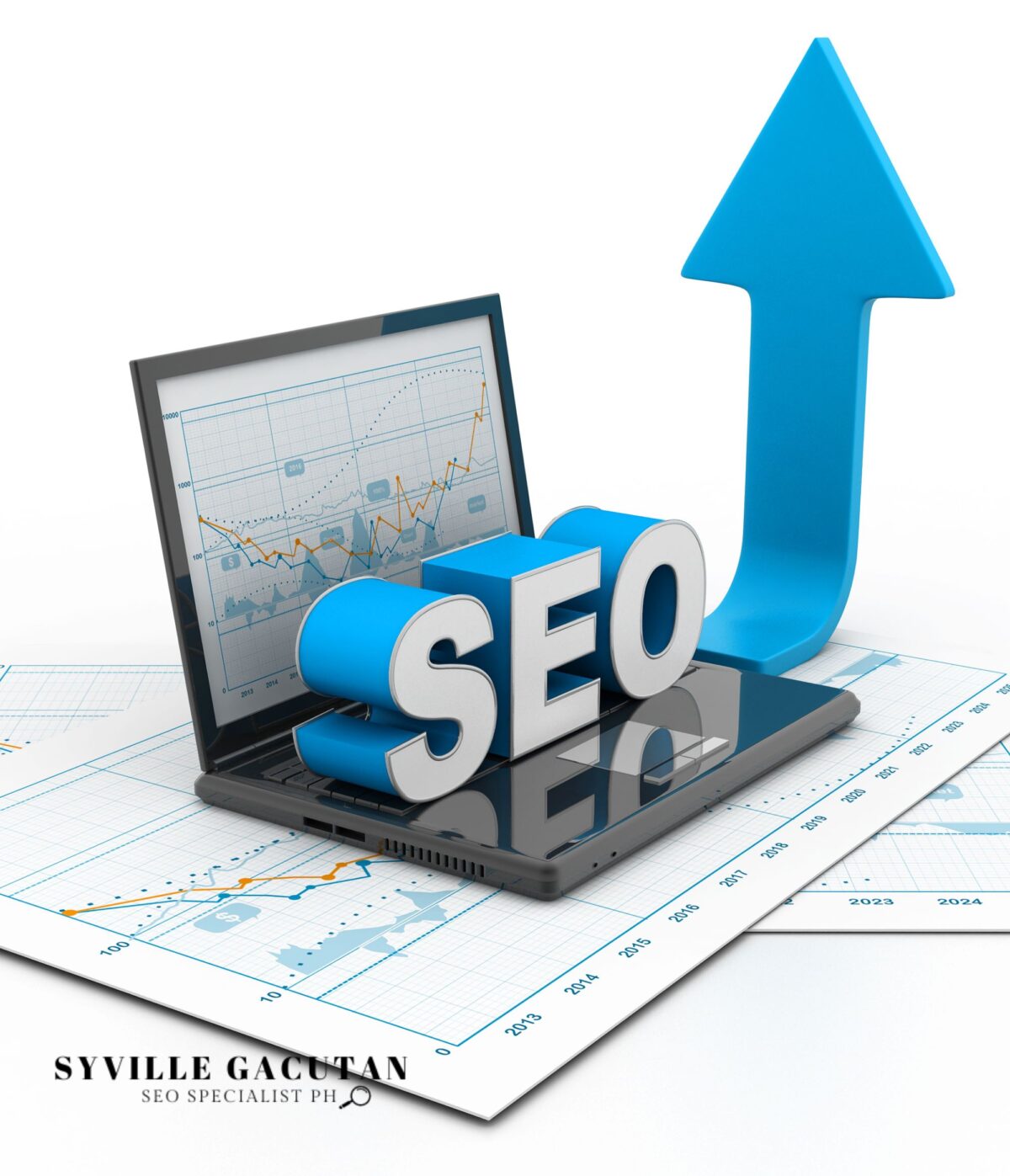 Laptop displaying graphs with a bold "SEO" and arrow.