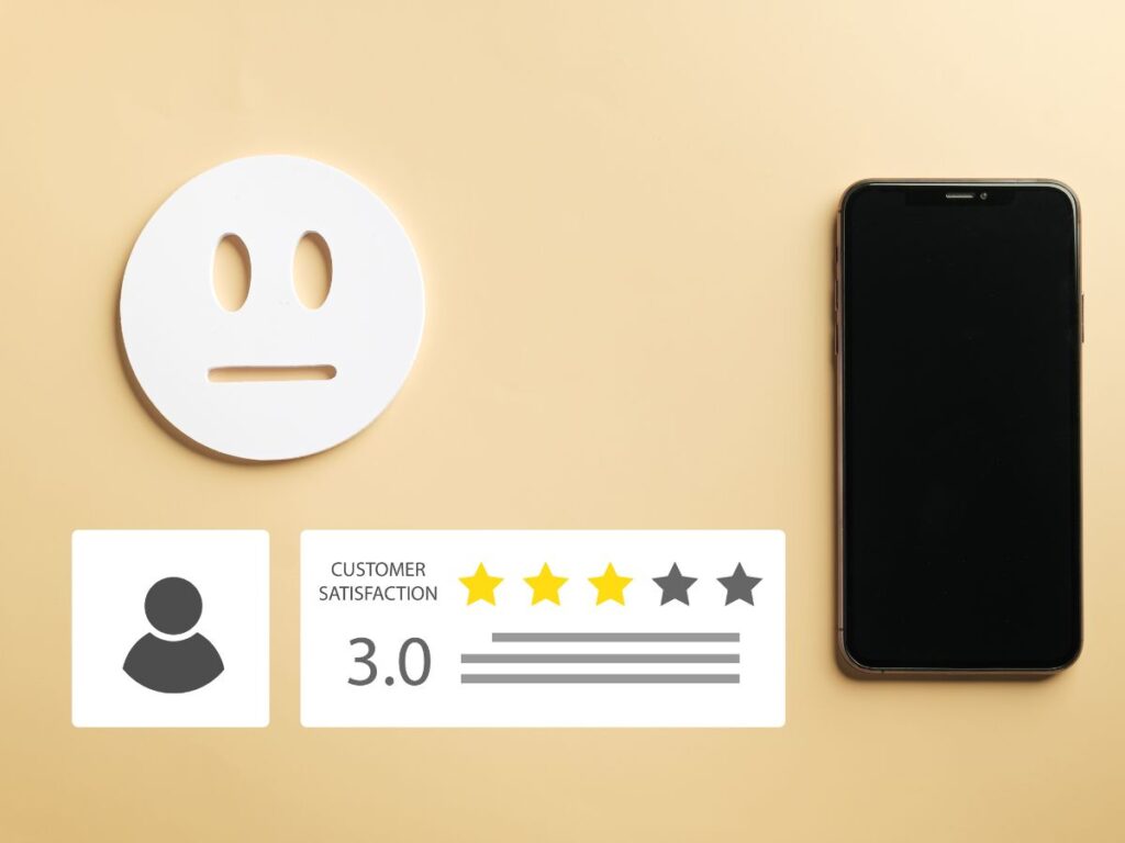 Customer satisfaction card showing a 3-star rating beside a smartphone.