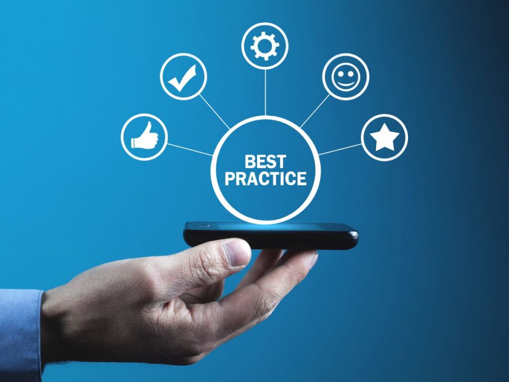 Best practice icons floating above a phone