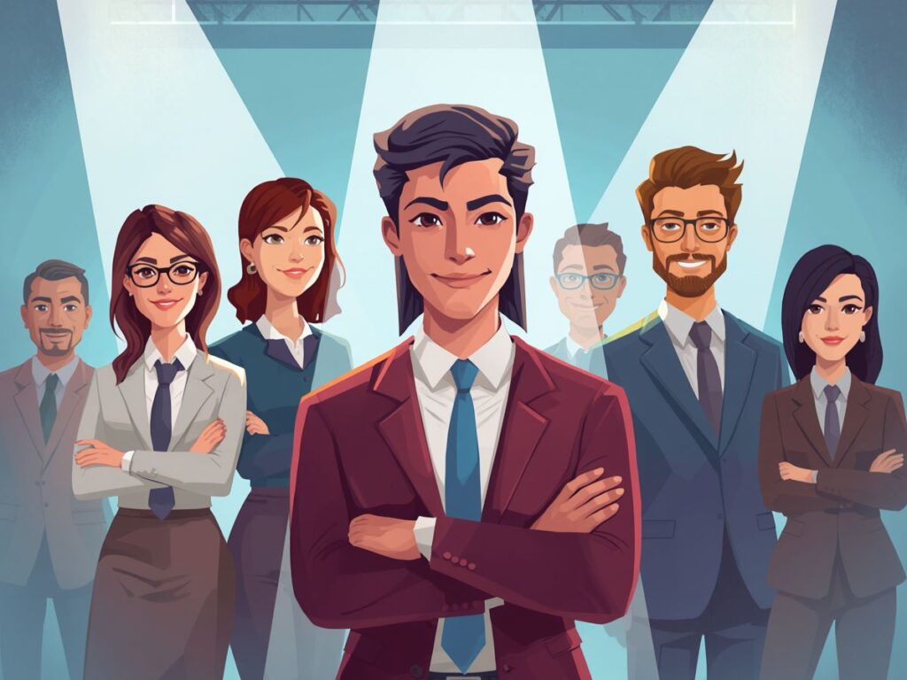 Illustrated business team standing under spotlights.