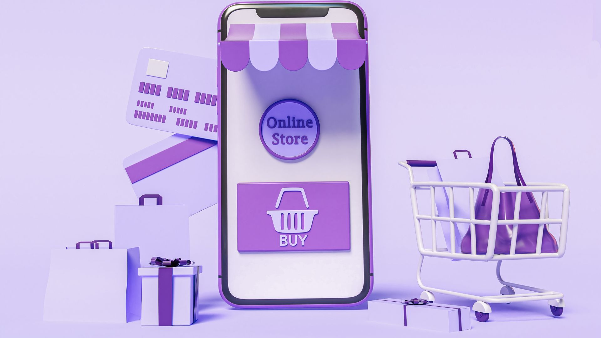 Purple online store phone with cart, gifts, and buy button.