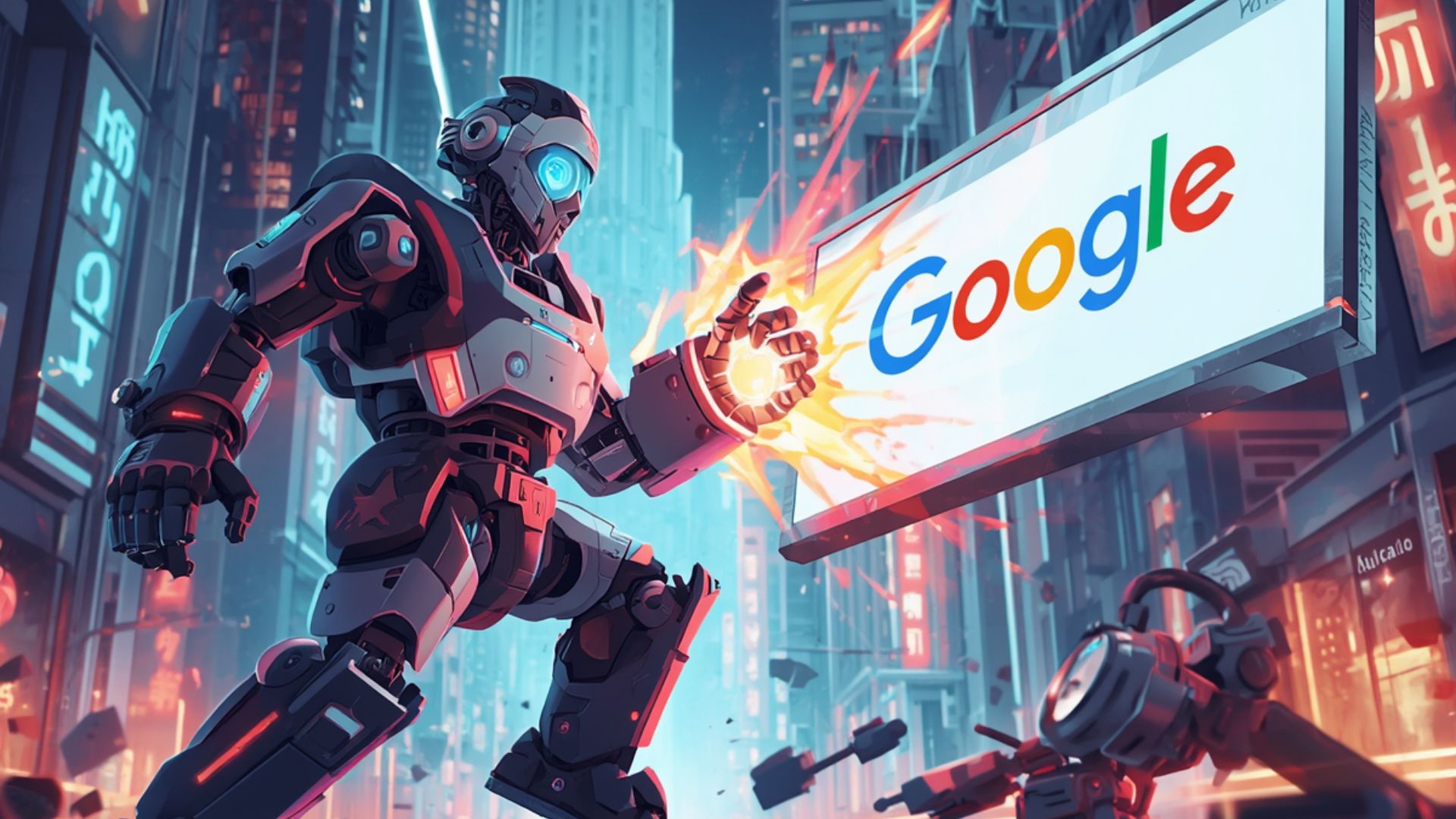 Futuristic robot striking a glowing Google sign in a cyberpunk city.
