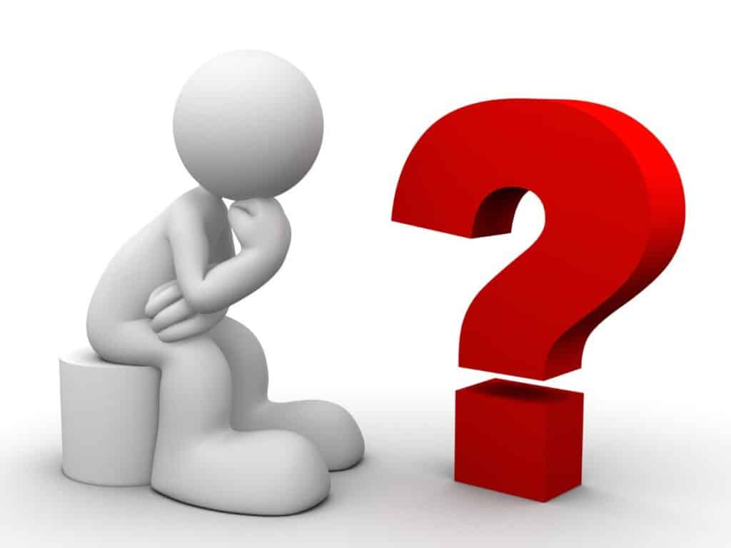 3D figure sitting beside a large red question mark.