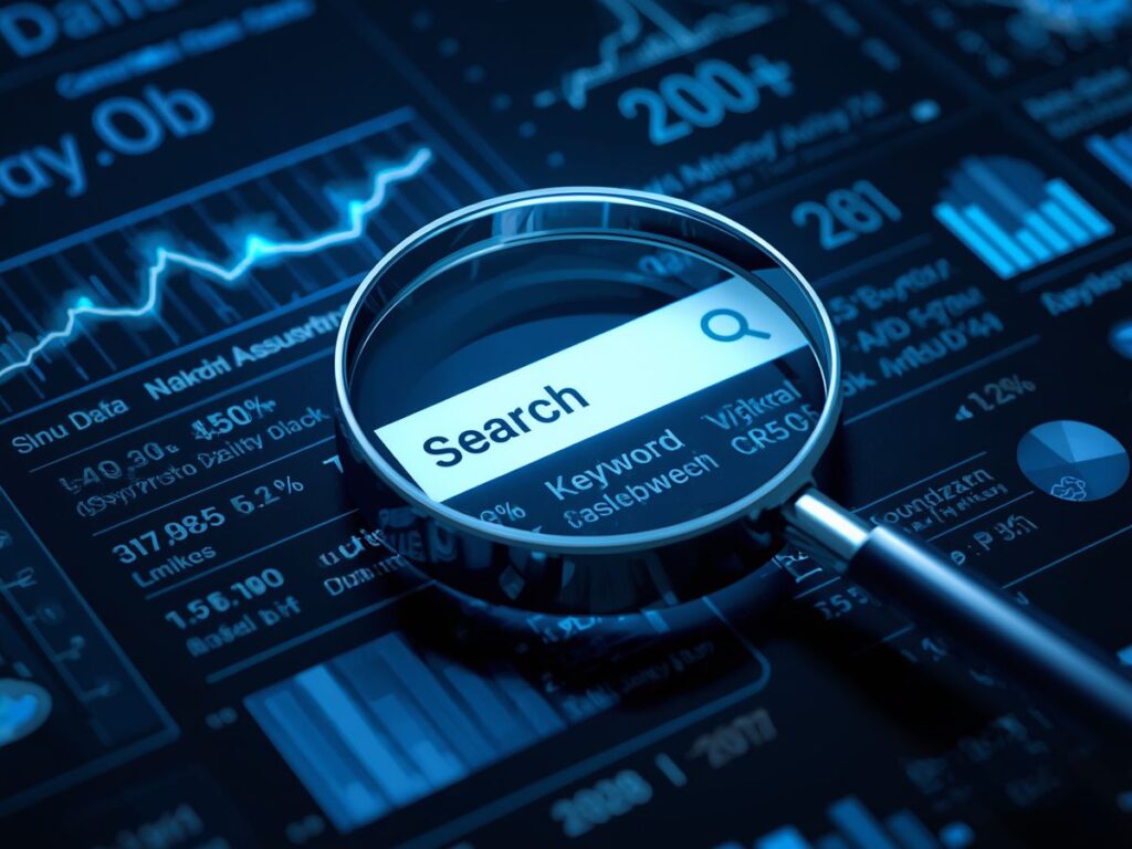 Magnifying glass over search bar and data charts.