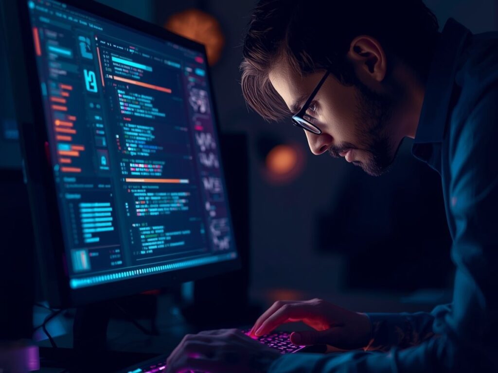 Developer coding product titles on a computer.