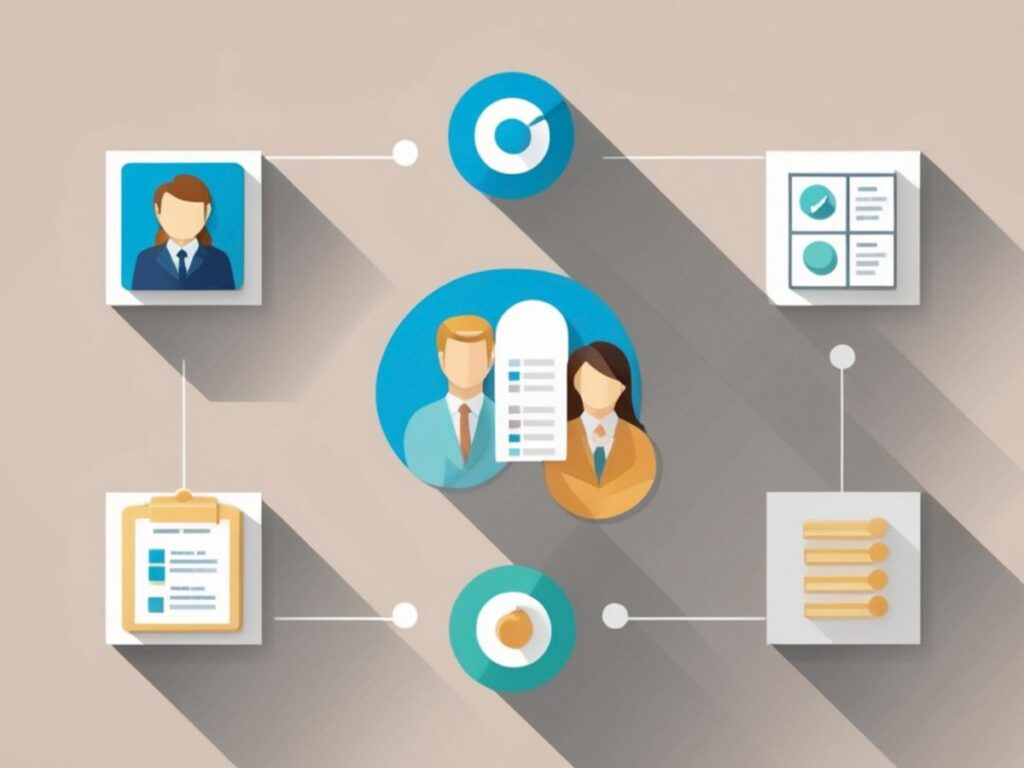 Flat workflow graphic with content and profile icons
