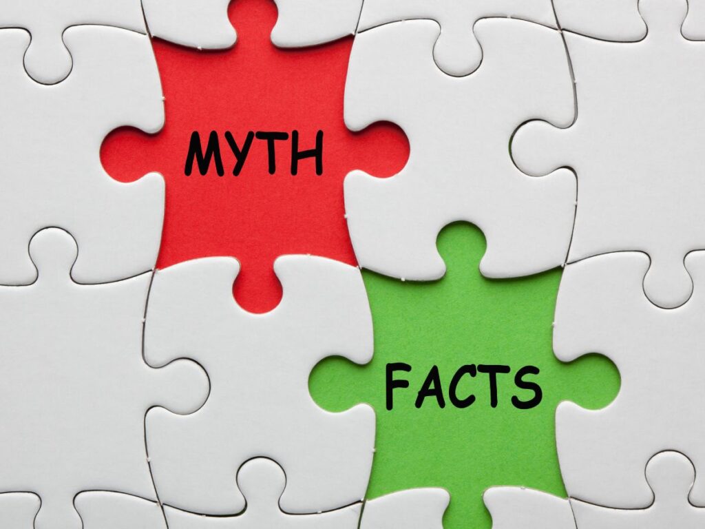 Puzzle pieces labeled myth and facts.