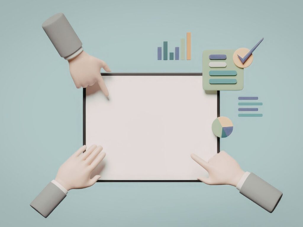 3D hands framing a blank board with charts.