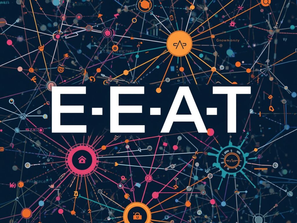 E-E-A-T text over a colorful digital network.