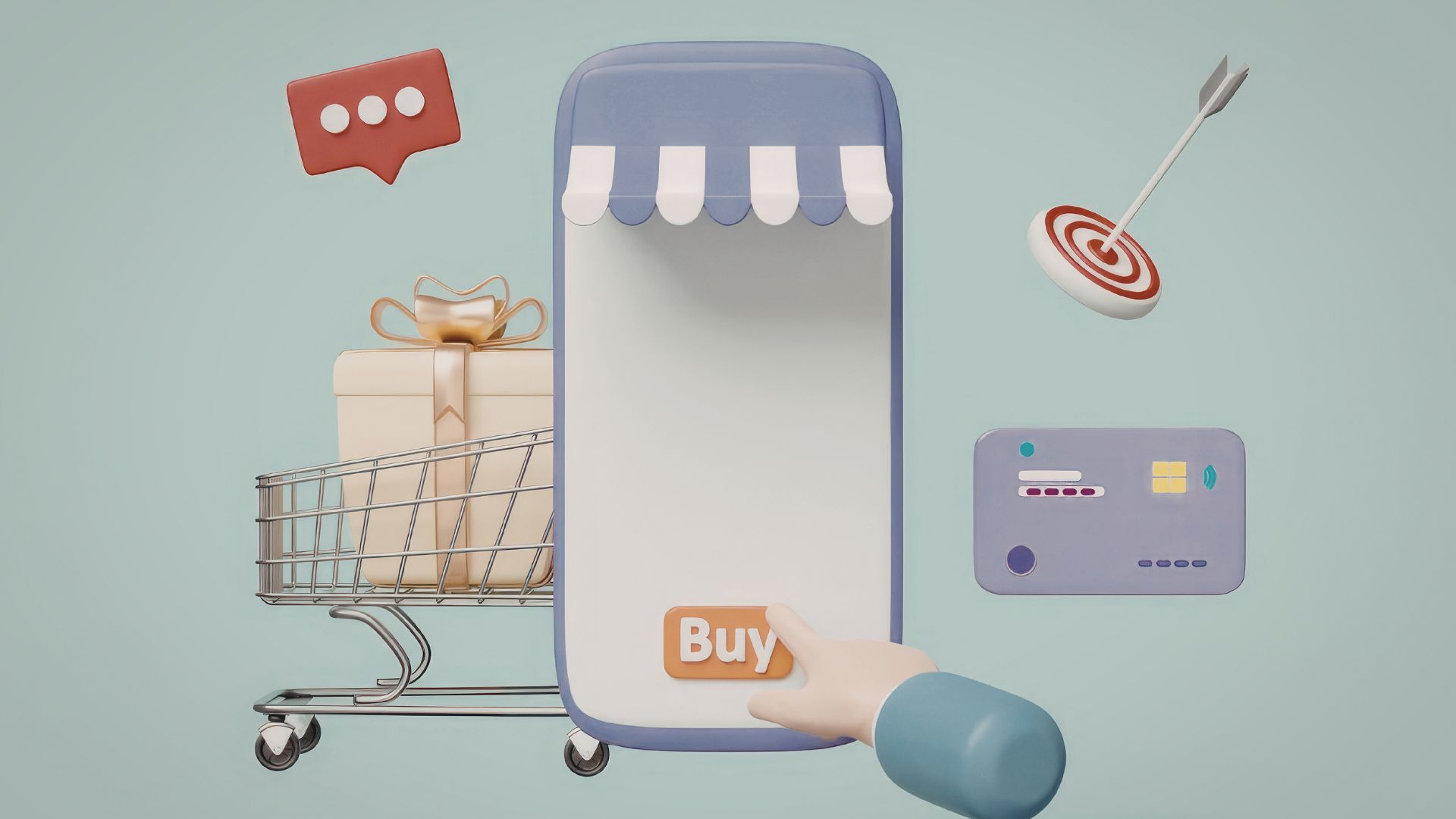 3D mobile shopping screen with cart, gift, target, and buy button.