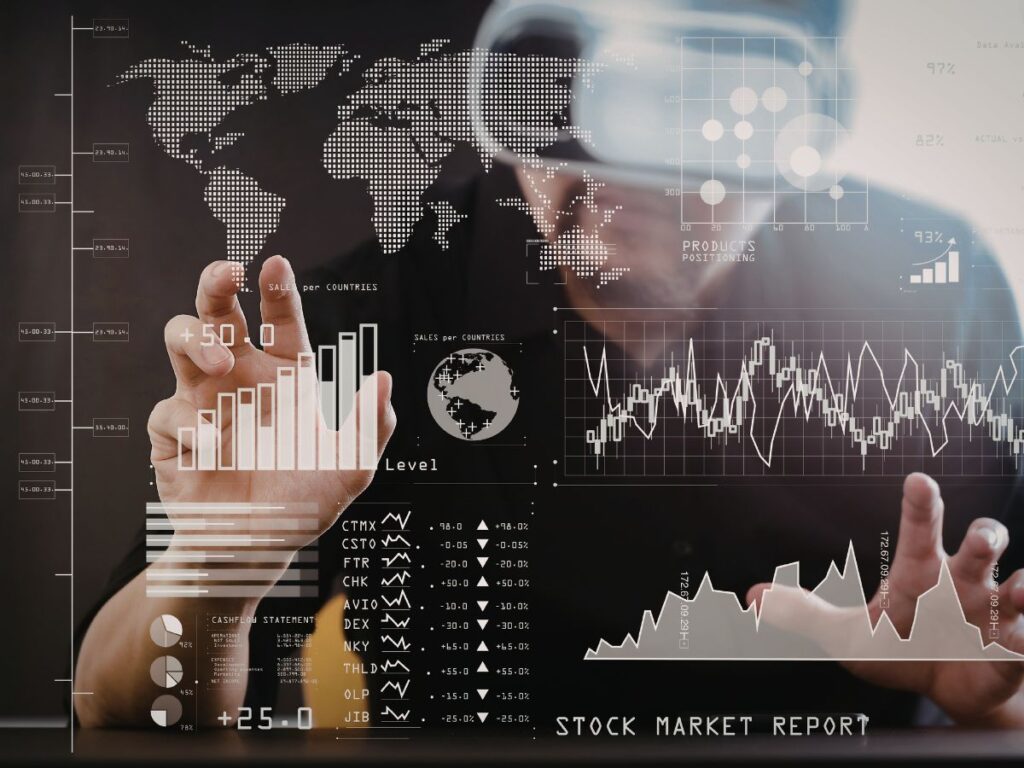 Hands interacting with transparent data dashboards and global analytics.