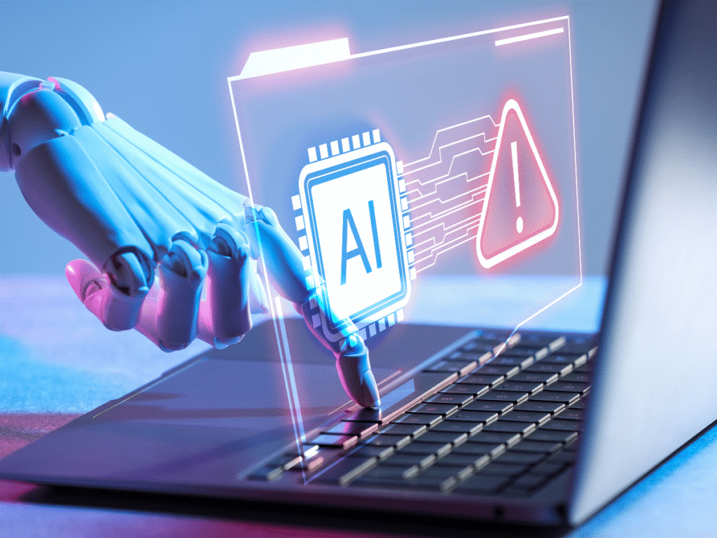 Robotic hand on laptop with AI warning and digital folder graphic.