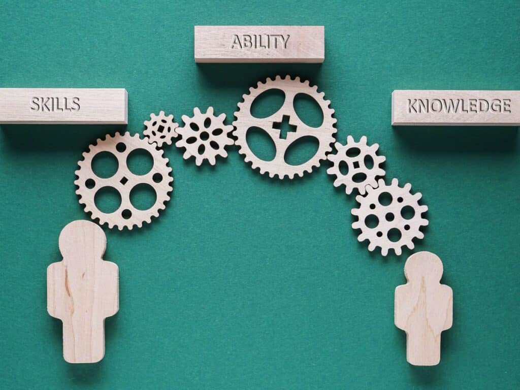 Wooden gears labeled skills, ability, knowledge connecting two figures.