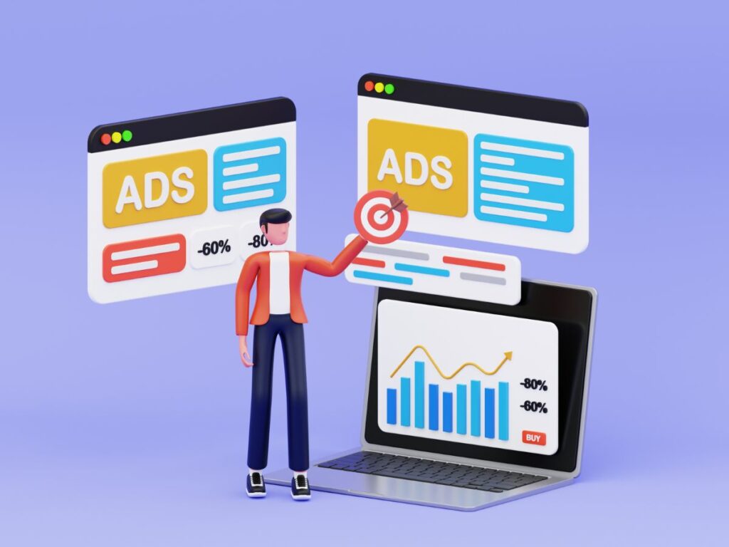 3D figure pointing at digital ad dashboards.
