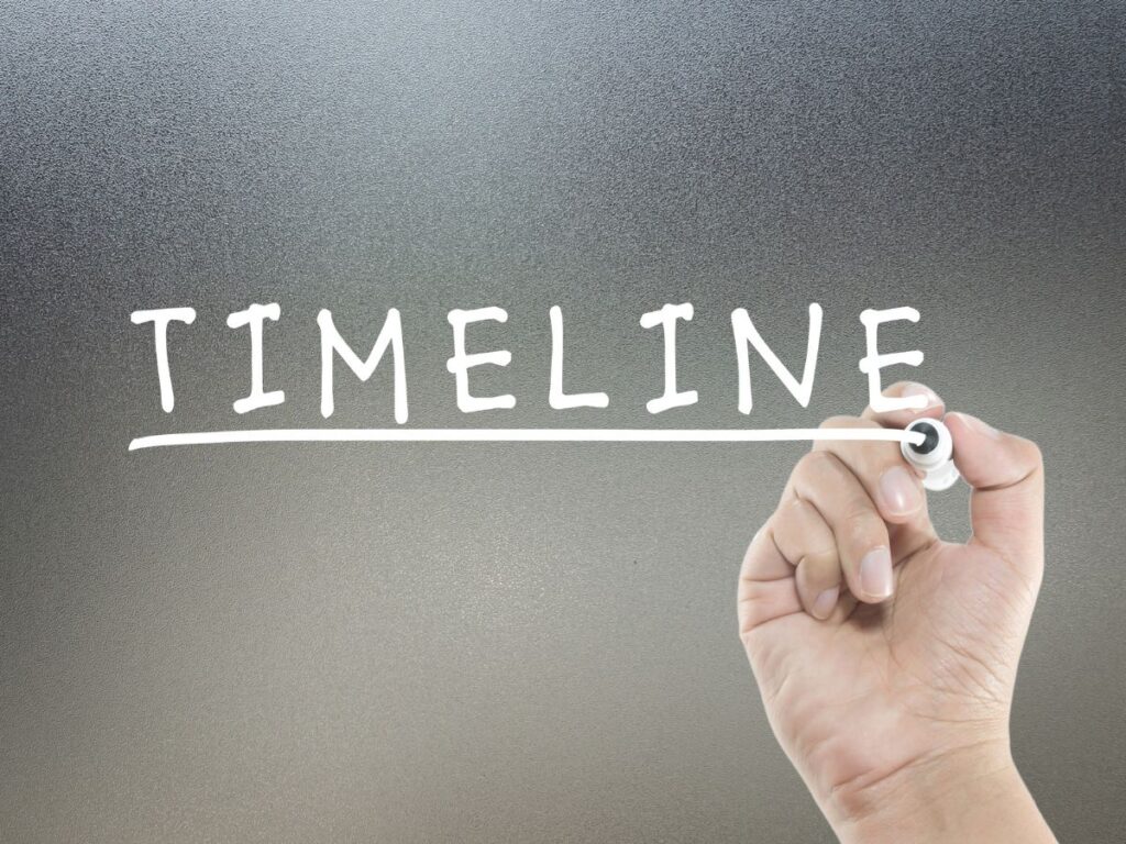 Hand writing the word “TIMELINE” on a gray background.