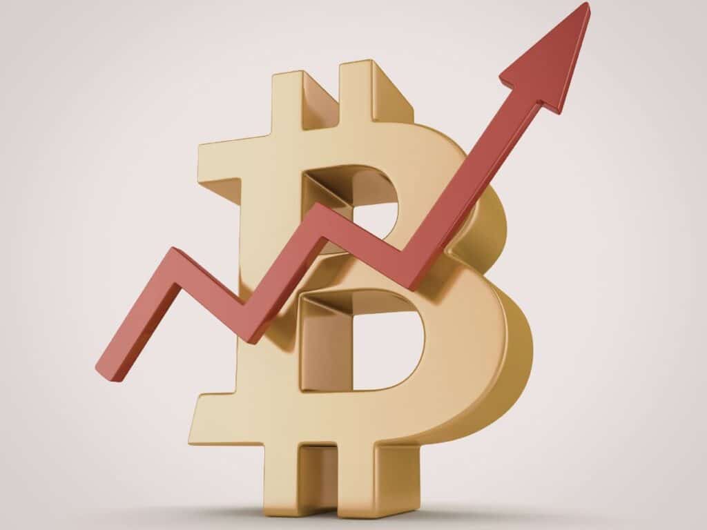 Bitcoin symbol with upward arrow indicating growth or rising value.