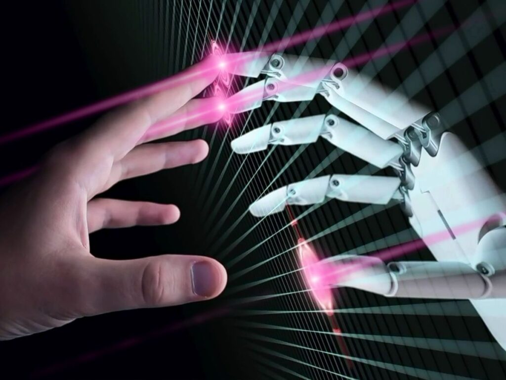Human hand and robot hand reaching through pink laser beams.