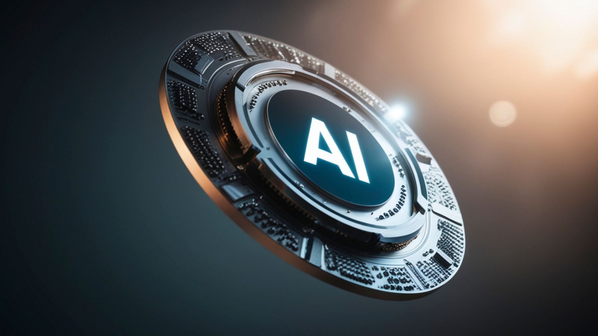 Futuristic AI chip or coin glowing against a dark background.