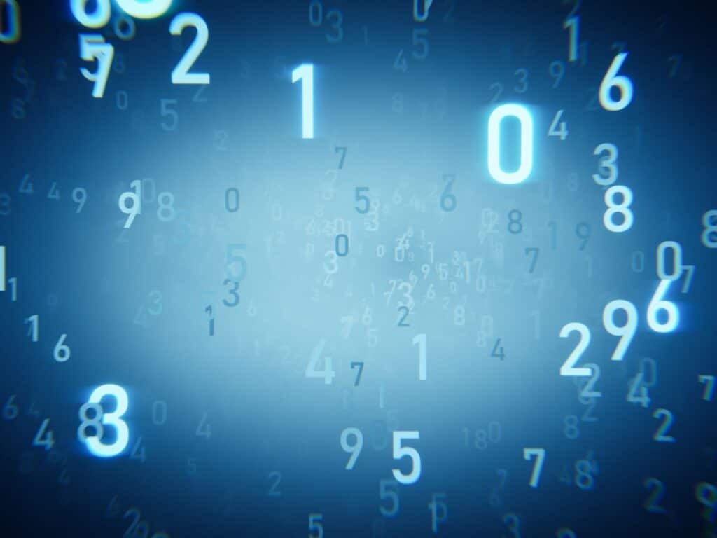 Floating numbers on blue background symbolizing data or algorithms.