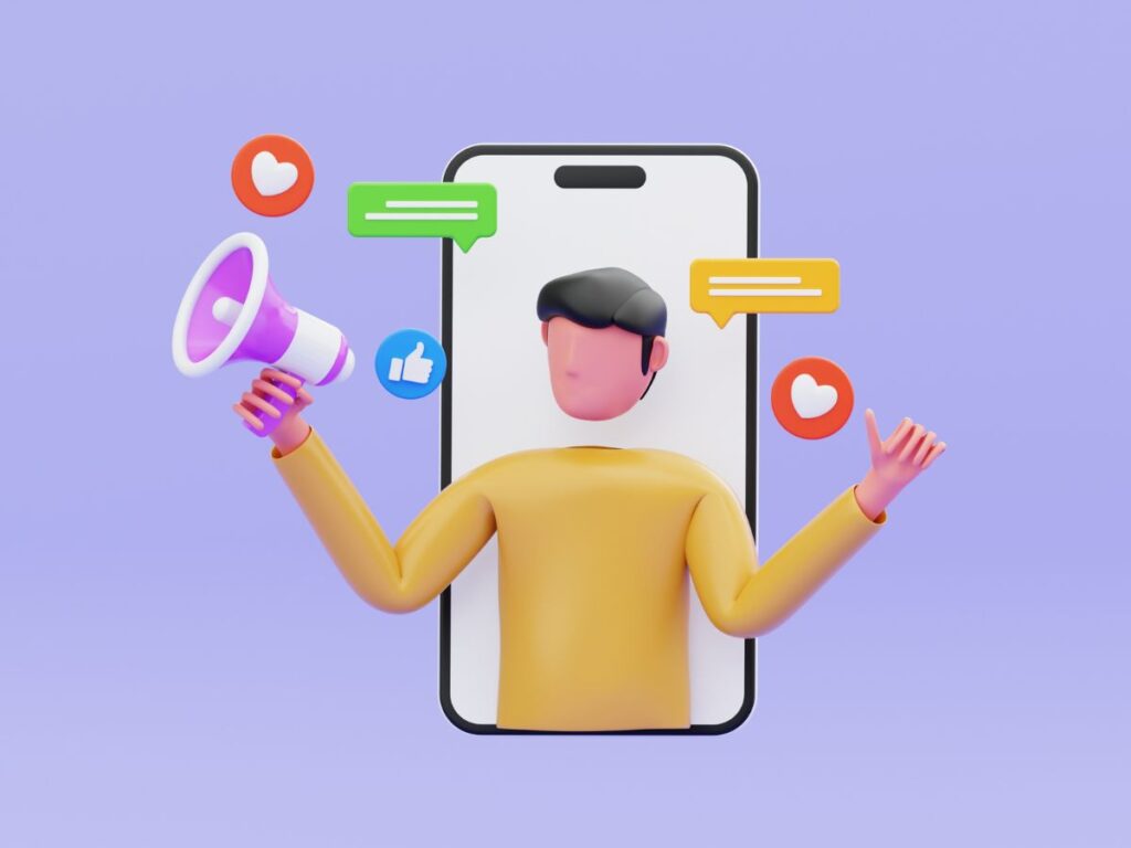 3D social media promoter with icons and megaphone.