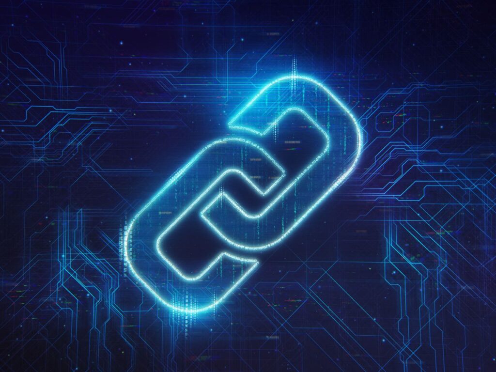 Glowing chain link on a tech background.