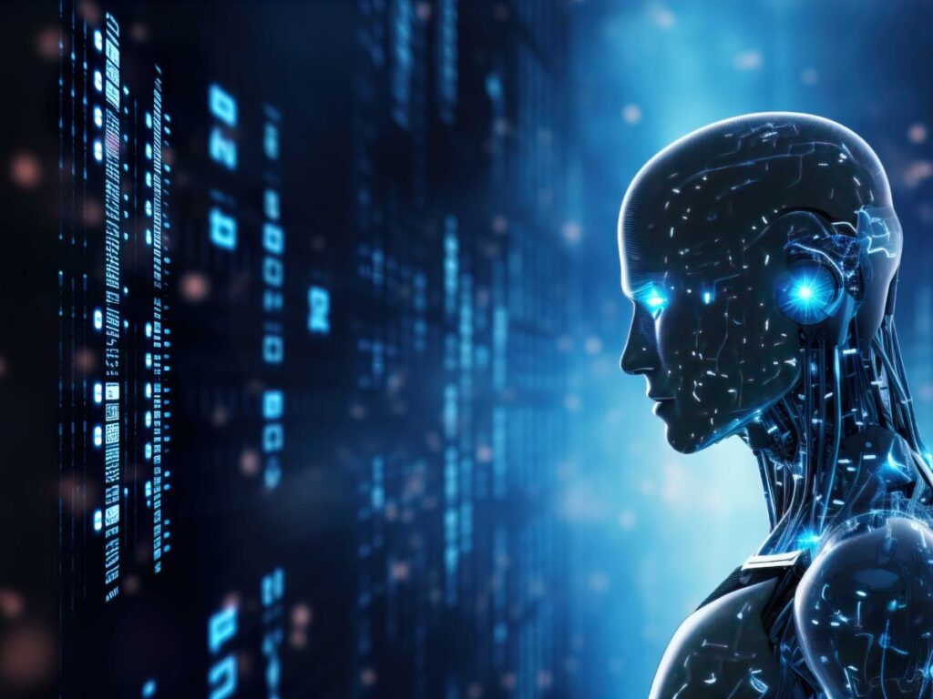 Humanoid robot facing glowing digital panels in a blue tech scene.