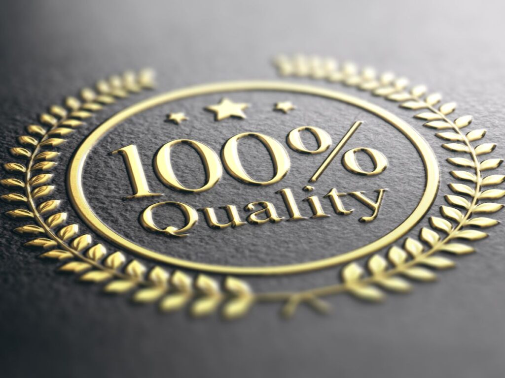 Gold “100% Quality” badge on a dark textured background.