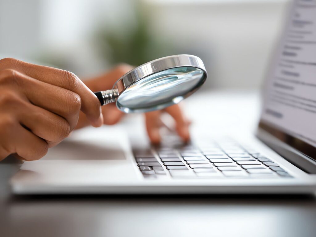 Magnifying glass over laptop, symbolizing SEO and keyword research.
