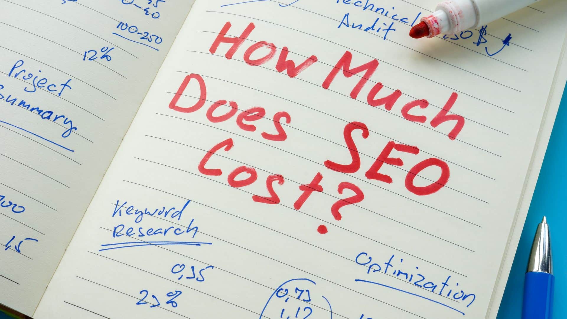 Notebook with โHow Much Does SEO Cost?โ written in red marker.